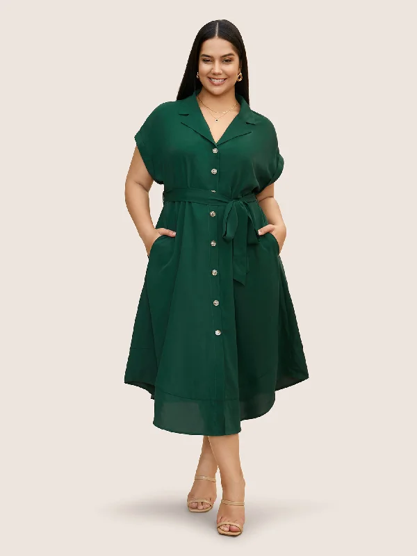 Plus size dresses for rainy days stay practical -Suit Collar Button Detail Batwing Sleeve Dress