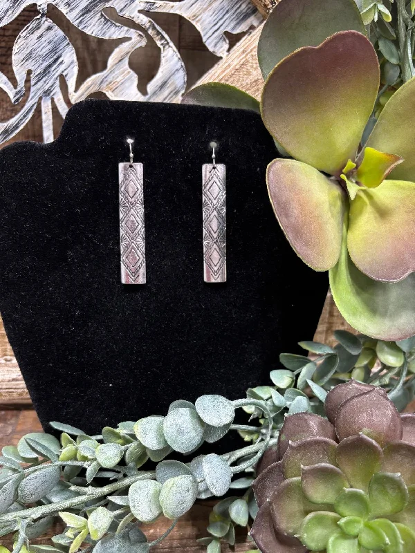 Vintage Drop Earrings with Patina -Long dangling drop earrings for a dramatic effect -Clovis Silver Stamped Dangle Earrings