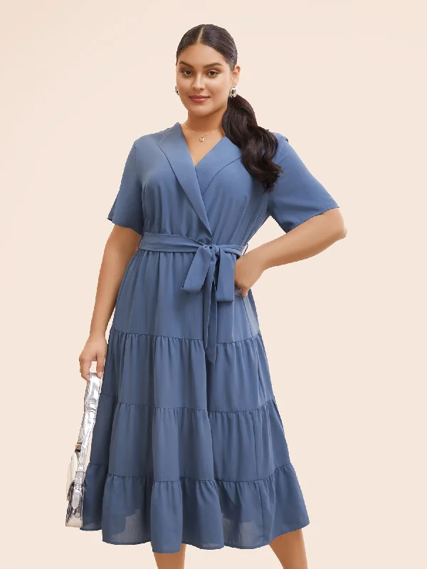 Plus size dresses with elastic waists stretch easily -Suit Collar Ruffle Layered Hem Dress