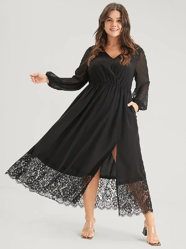 Plus size dresses with soft linings pamper skin -Solid Split Eyelet Lace Belted Pocket Button Wrap Maxi Dress