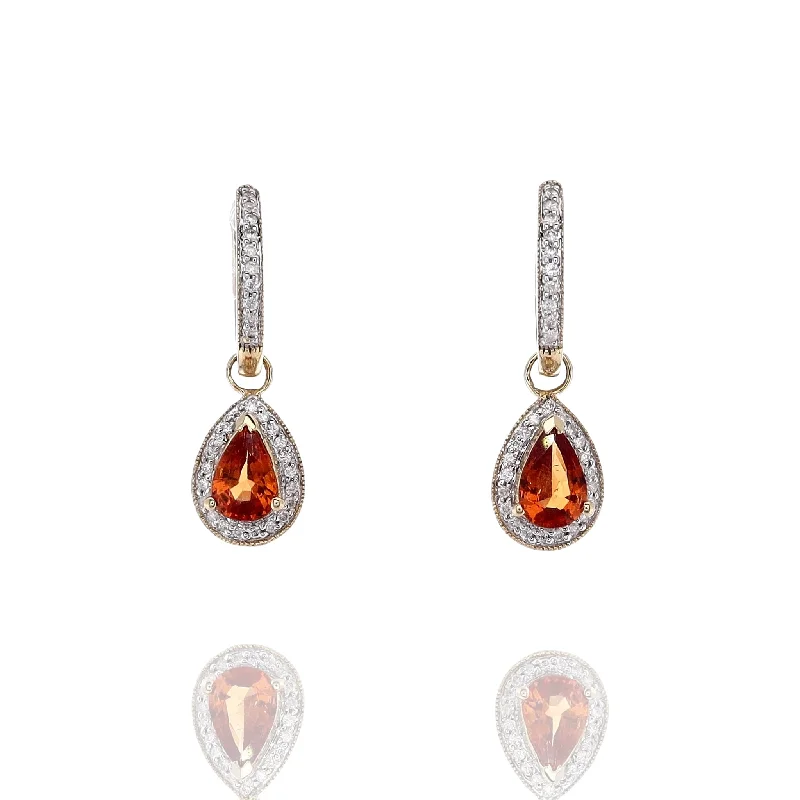 Gothic Drop Earrings with Dark Tone -Drop earrings with filigree designs for intricate beauty -Estate 14k Yellow Gold Orange Garnet and Diamond Hoop Dangle Earrings