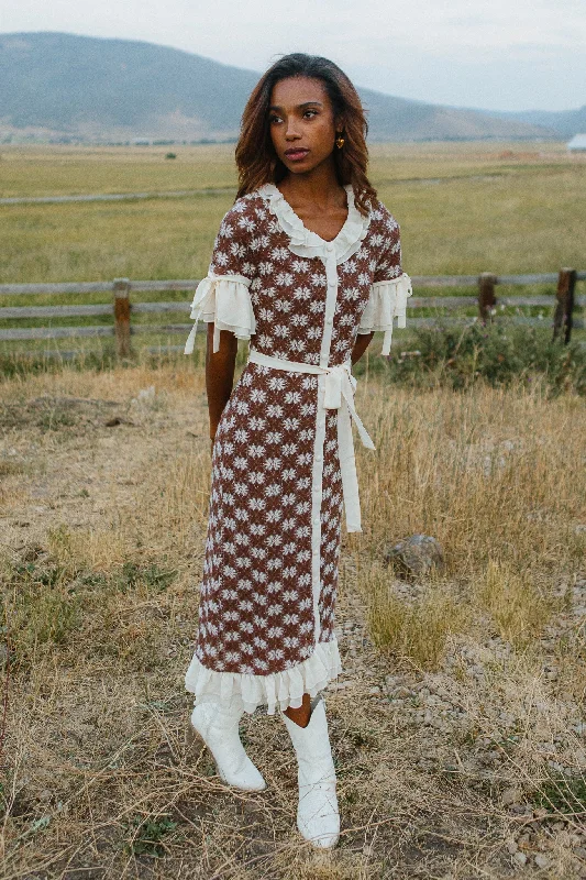 Plus size dresses with unique necklines add flair -Becca Crochet Dress in Brown - FINAL SALE