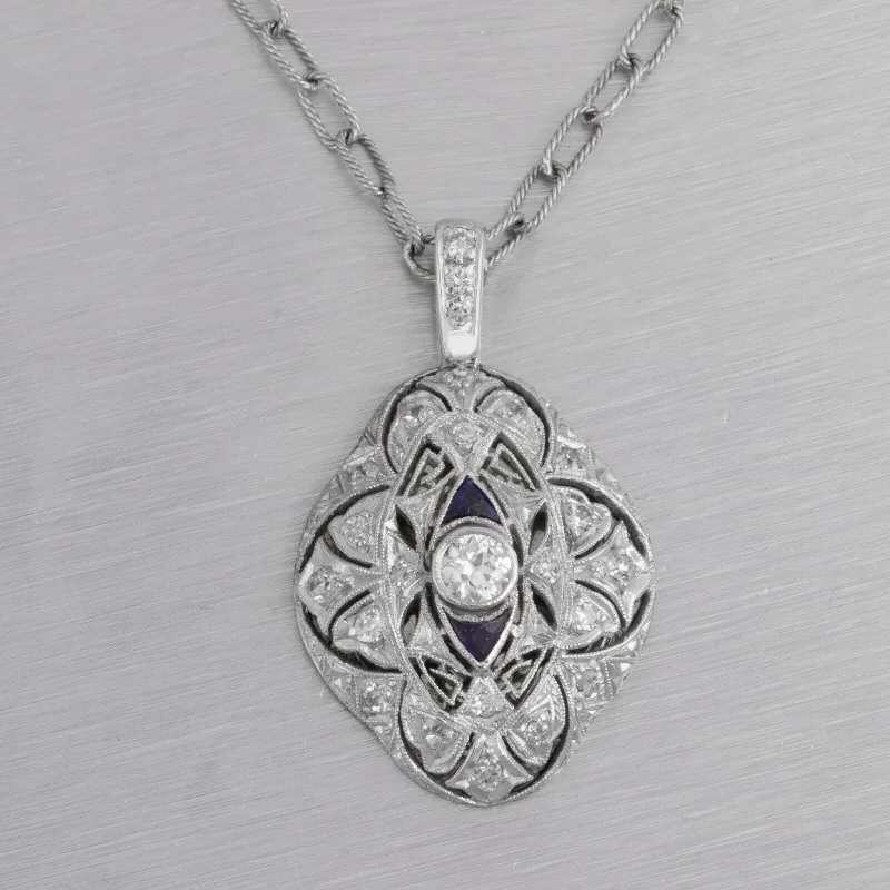 Necklaces and pendants with matching rings for a coordinated set of jewelry-Antique Art Deco Platinum & 14k White Gold Diamond Sapphire Pendant 0.45ctw