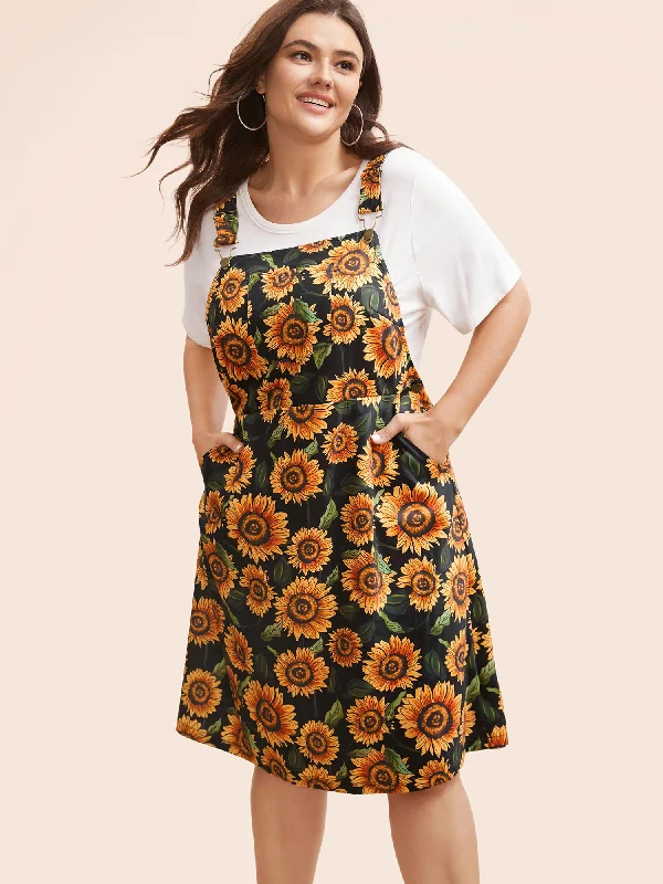 Plus size dresses with fitted bodices shape beautifully -Floral Adjustable Straps Patched Pocket Overall Dress