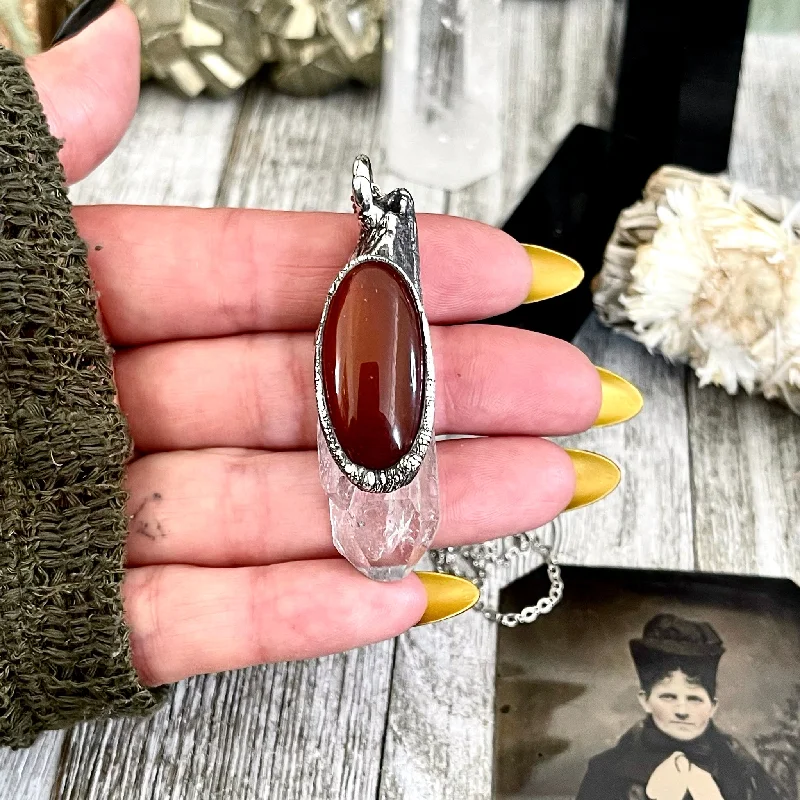 Best necklaces and pendants with rose gold for a warm and romantic appeal-Large Raw Clear Quartz & Carnelian Crystal Statement Necklace in Fine Silver / Foxlark Collection - One of a Kind