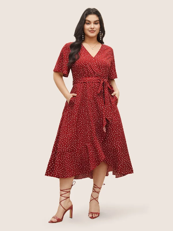 Plus size dresses for trendy vibes stay current -Polka Dot Surplice Neck Belted Arc Hem Dress