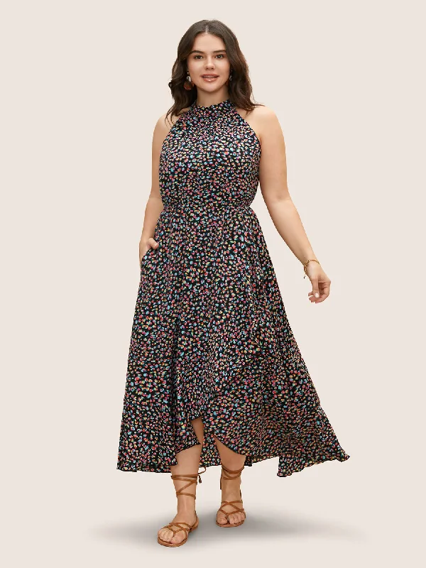 Plus size dresses for outdoor parties stay fun -Allover Print Halter Neck Wrap Hem Dress