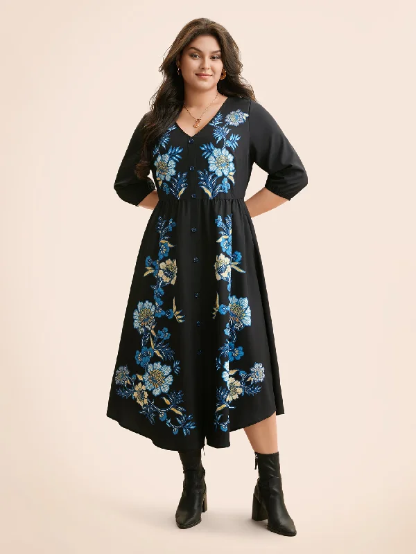 Plus size dresses with simple cuts stay timeless -Boho Print Lantern Sleeve Midi Dress