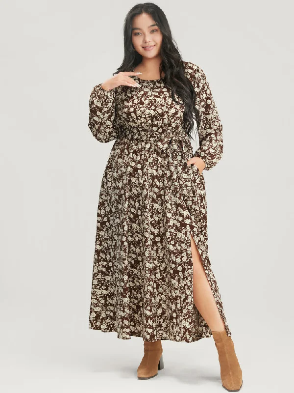 Plus size dresses with timeless charm stay chic -Floral Pocket Lantern Sleeve Belted Split Hem Dress