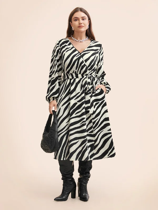 Plus size dresses featuring beadwork dazzle quietly -Zebra Print Overlap Collar Split Hem Dress