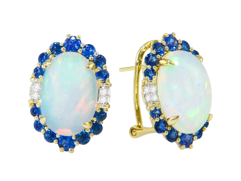 Round Drop Earrings for Classic -Dainty drop earrings for delicate style -Bellarri 14k Gold Earrings with Opal, Blue Sapphire, and Diamond