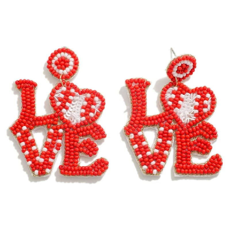 Drop Earrings for Party Look -Drop earrings with diamond-shaped accents for a modern touch -'Love' Baseball Beaded Dangle Earrings