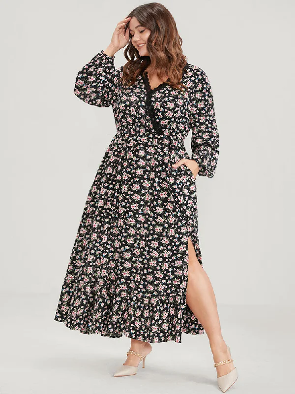 Plus size dresses for work stay professional always -Ditsy Floral Split Pocket Lace Trim Wrap Maxi Dress