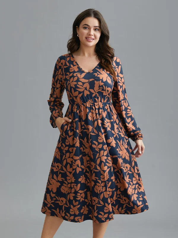 Plus size dresses with breathable layers stay airy -Autumn Leaves Print Fit-and-Flare Midi Dress