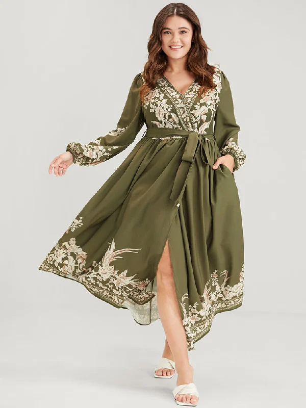 Plus size dresses featuring quilted textures add depth -Floral Button Split Lantern Sleeve Belted Pocket Wrap Dress