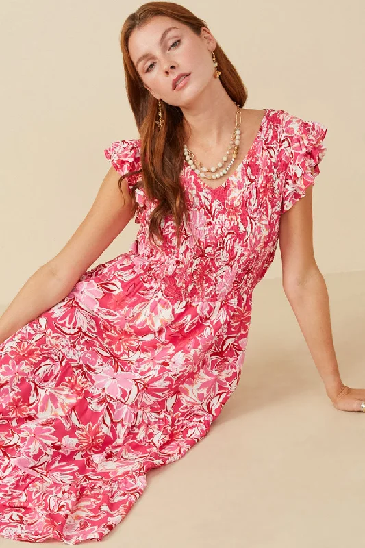 Plus size dresses with comfy flows feel gentle -Tropical Floral Smocked Ruffled Tank Dress