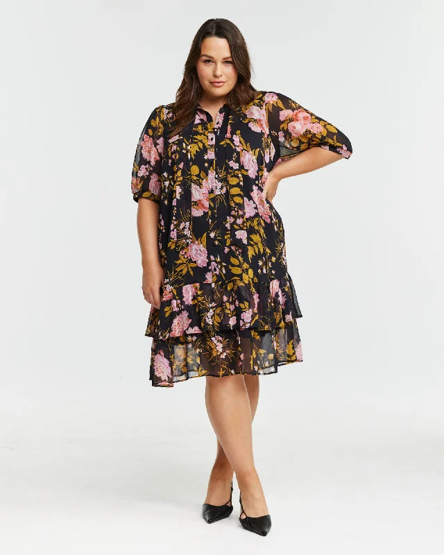 Plus size dresses with soft linings pamper skin -Marabella Black/Pink Floral Dress