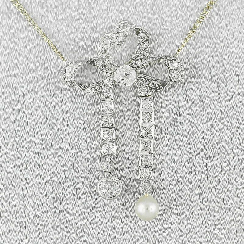 Necklaces and pendants with pearls for a classic and sophisticated touch-Art Deco 14k Yellow Gold & Platinum 1.10ctw Diamond Pearl Ribbon Necklace 15.75"