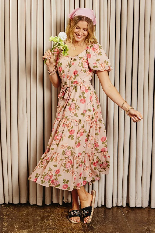 Plus size dresses featuring floral patterns feel fresh -Romantic Floral Button Detail Belted Dress