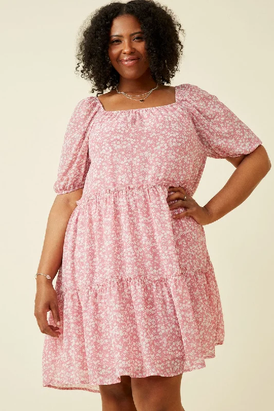 Plus size dresses with hidden support shape secretly -Ditsy Floral Ruffled Tier Dress