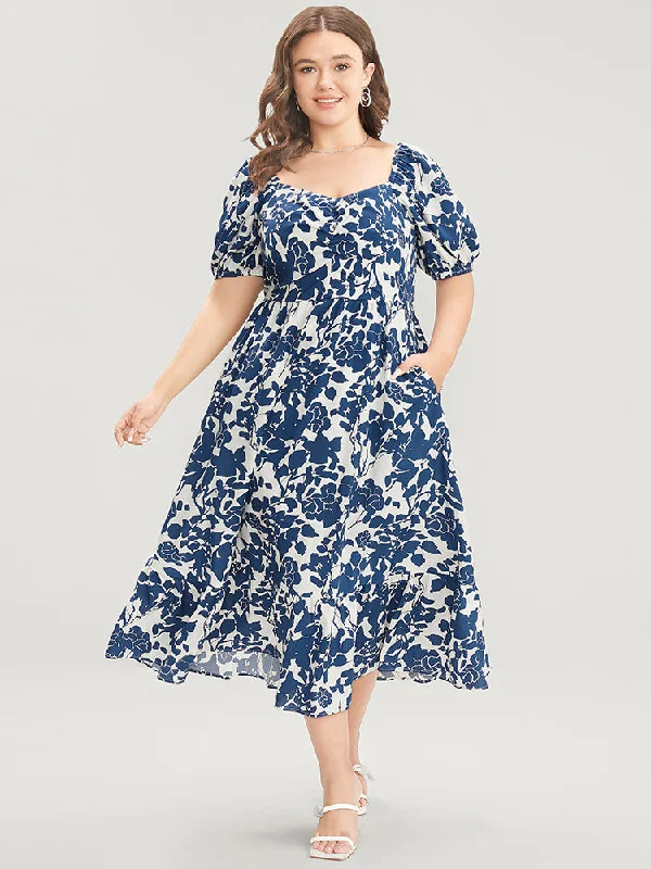 Plus size dresses featuring sequined tops glitter bright -Floral Print Pocket Puff Sleeve Ruched Pocket Ruffle Hem Dress