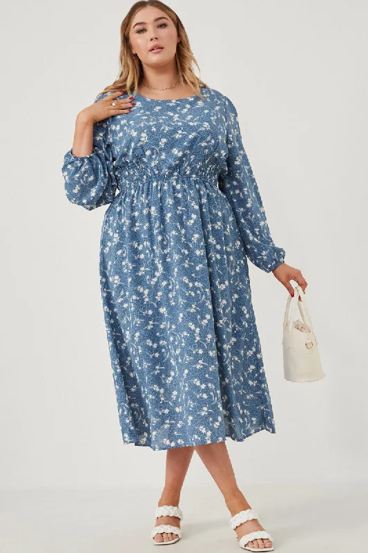 Plus size dresses for wet weather stay dry -Floral Print Side Smocked Long Sleeve Dress