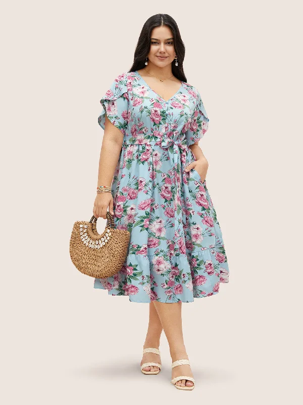 Plus size dresses featuring tie-dye patterns are quirky -Floral Button Detail Gathered Petal Sleeve Dress