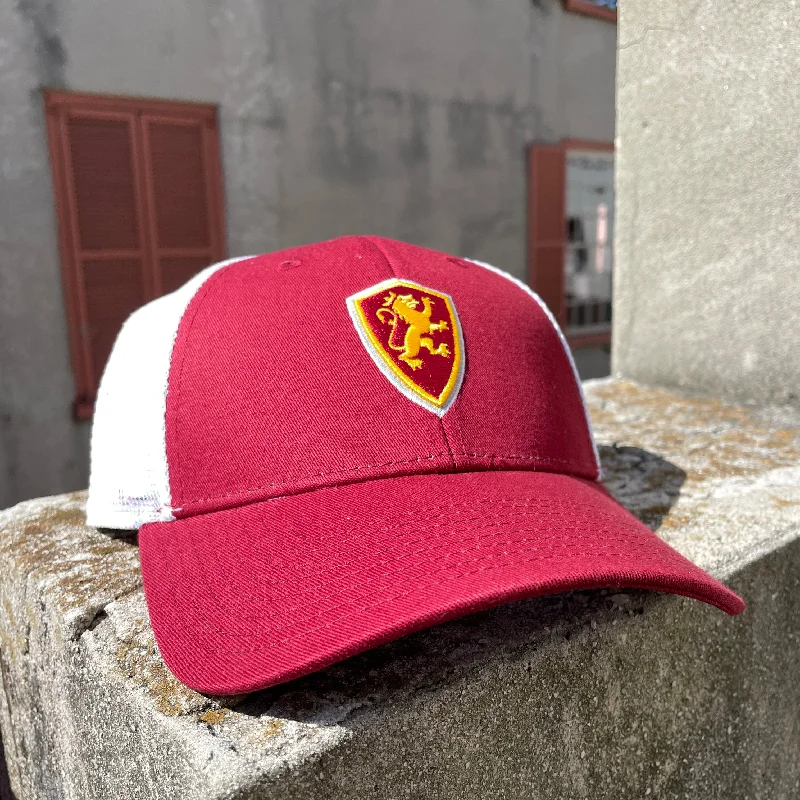 Minimal dad cap for understated charm -Crimson Shield Low Profile Trucker