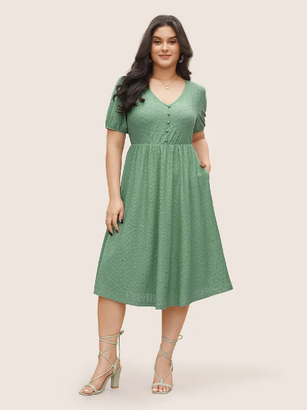 Plus size dresses for winter layer warmly -Solid Hollow Out Button Detail Elastic Waist Dress