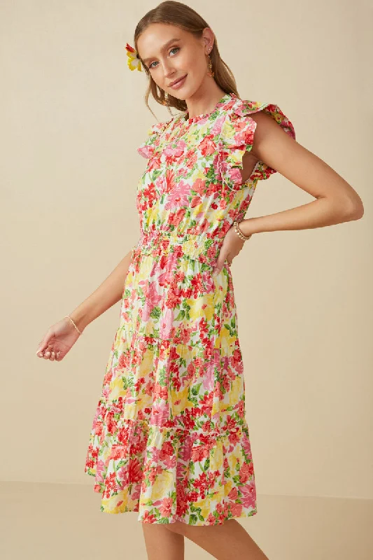 Plus size dresses featuring pleated skirts flow nicely -Vivid Floral Smock Waist Exaggerated Ruffle Dress