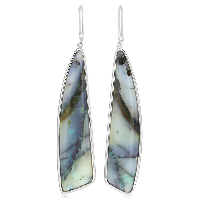 Indian Drop Earrings with Intricacy -Drop earrings for women with vintage flair -Sterling Silver Cabachon Petrified Opal Earrings