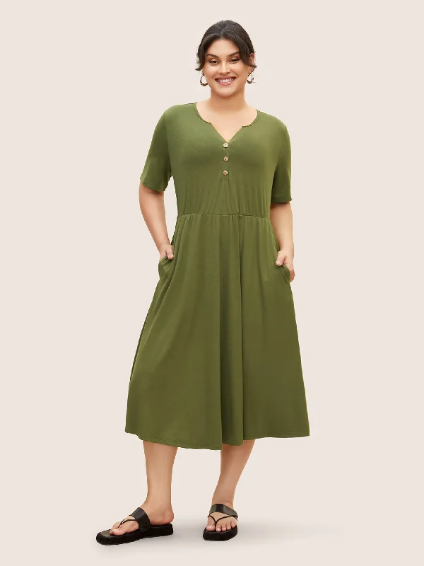 Plus size dresses with lightweight knits feel breezy -Notched Solid Button Detail Midi Dress