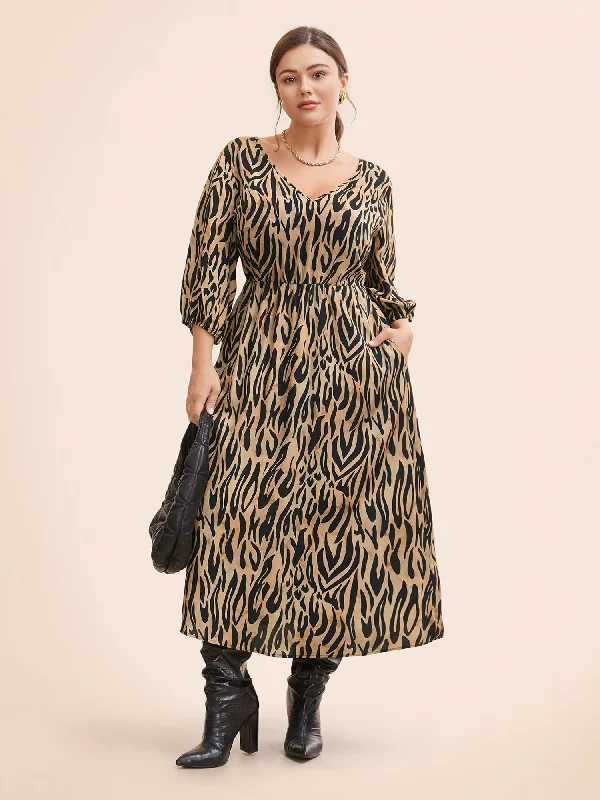 Plus size dresses for power dressing empower daily -Leopard Print Tie Knot Lantern Sleeve Dress