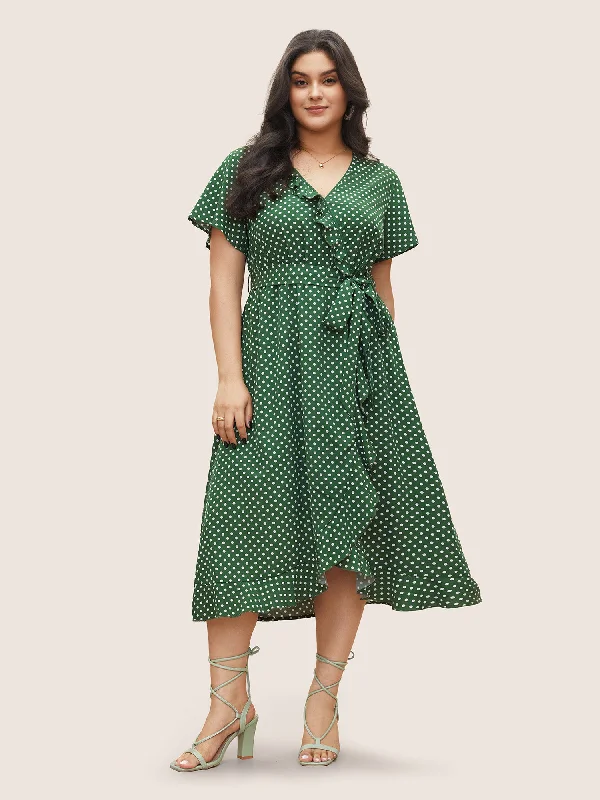 Plus size dresses for parties shine with confidence -Polka Dot Flutter Trim Belted Overlap Collar Dress