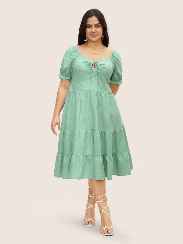 Plus size dresses with flowing skirts move freely -Heart Neckline Drawstring Ruffle Layered Hem Dress