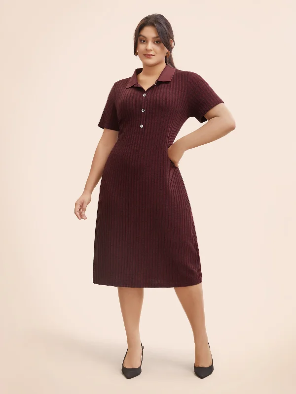 Plus size dresses with long sleeves cover comfortably -Shirt Collar Textured Button Up Dress