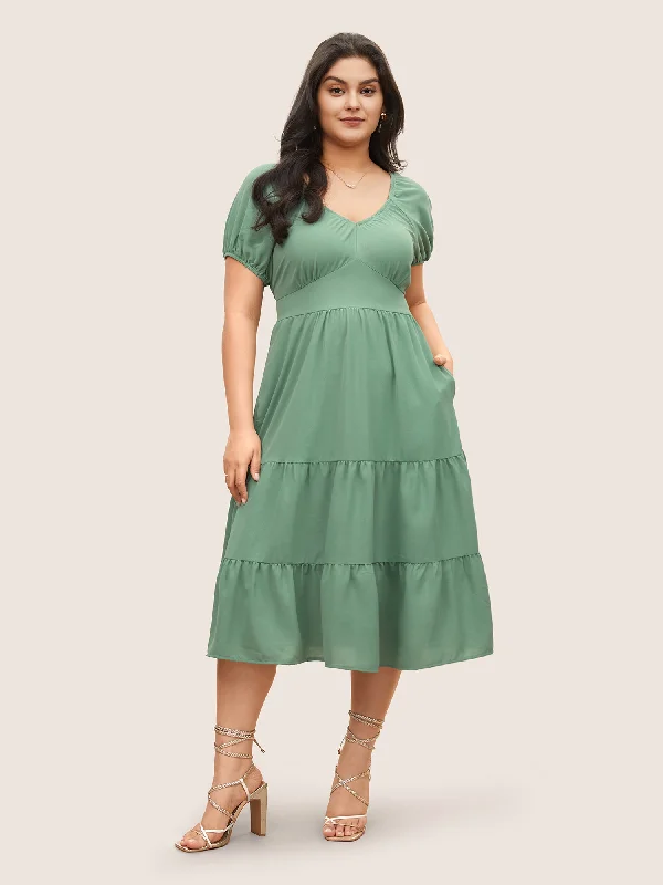 Plus size dresses with matte finishes stay subtle -Solid Gathered Lantern Sleeve Ruffle Layered Hem Dress