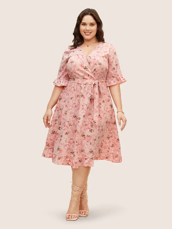 Plus size dresses for every mood adapt well -Floral Overlap Collar Belted Ruffles Dress