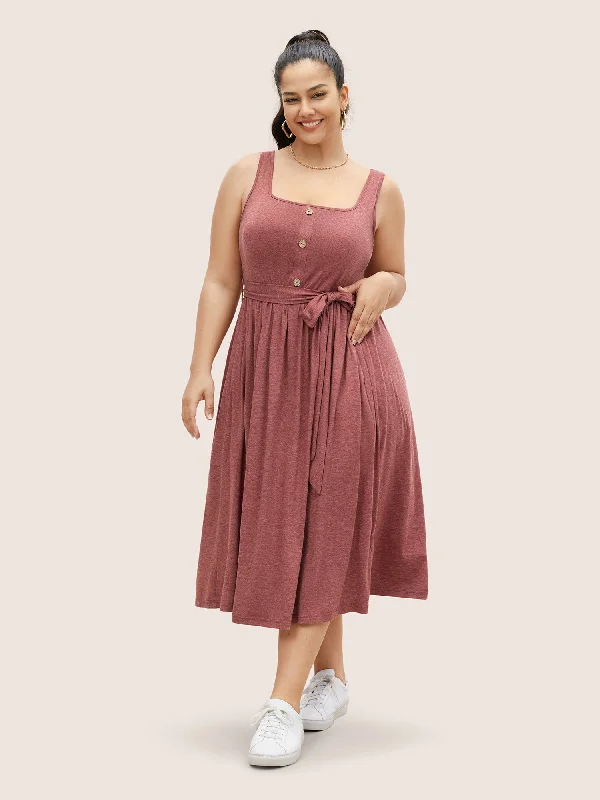 Plus size dresses with empire waists cinch nicely -Supersoft Essentials Button Detail Belted Gathered Dress