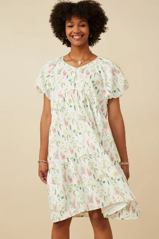 Plus size dresses for chic evenings glow quietly -Textured Floral Button Detail Bubble Sleeve Dress