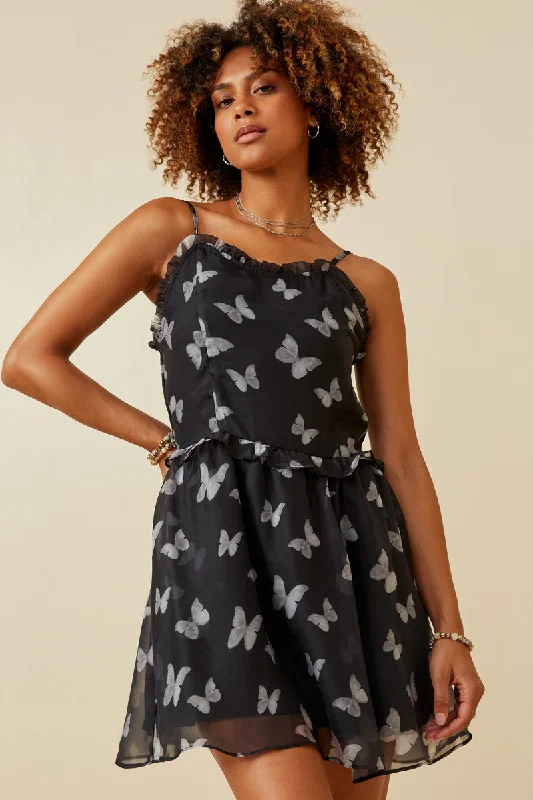 Plus size dresses featuring metallic hues shine soft -Smock Detail Butterfly Print Chiffon Dress