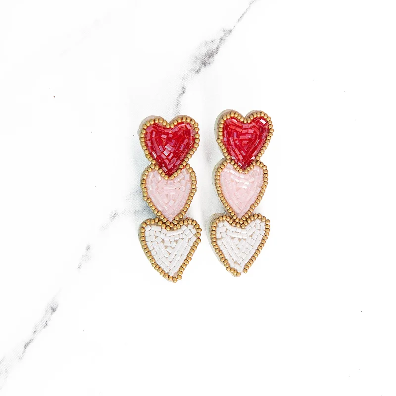 Drop Earrings for School Uniform -Drop earrings with natural crystal stones for healing energy -Stacked Heart Beaded Earrings