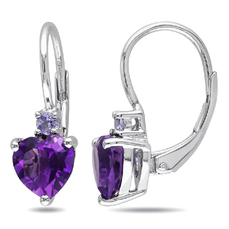 Waterproof Drop Earrings for Outdoor -Long drop earrings with gold accents -Miadora Sterling Silver Amethyst and Tanzanite Heart Earrings