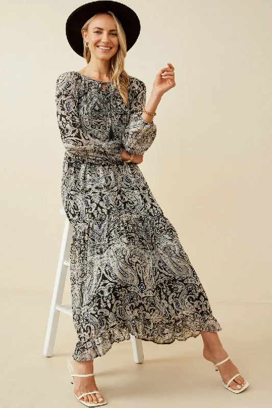 Plus size dresses with muted tones blend well -Paisley Print Long Sleeve Maxi Dress