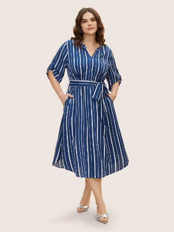 Plus size dresses for bridal parties glow elegantly -Notched Striped Button Cuff Sleeve Dress