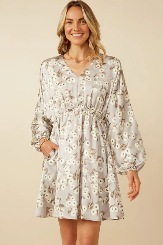 Plus size dresses featuring vibrant colors lift moods -Satin Floral Print V Neck Dolman Sleeve Dress