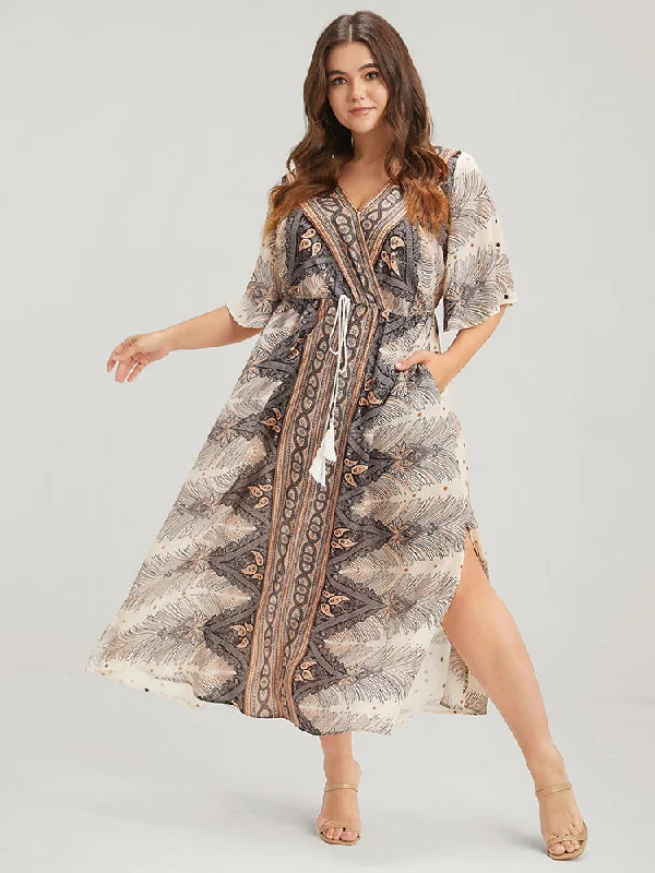 Plus size dresses featuring wrap styles are versatile -Bandana Ruffles Button Split Pocket Ties Wrap Maxi Dress