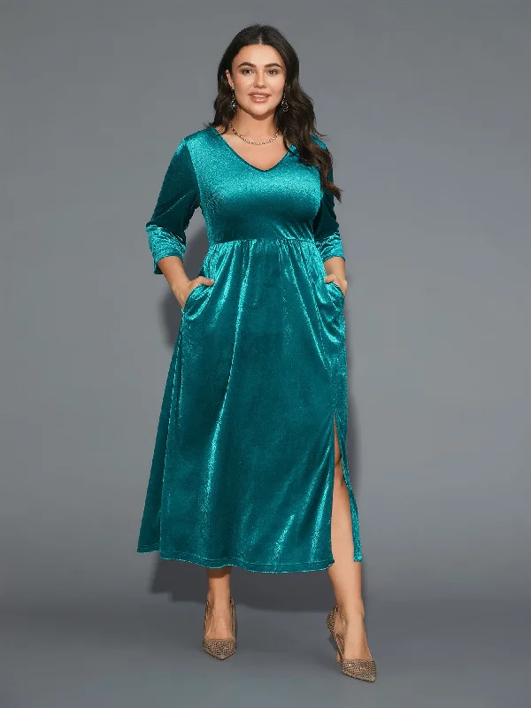 Plus size dresses for long days support fully -Velvet V-Neck Side Slit Maxi Dress