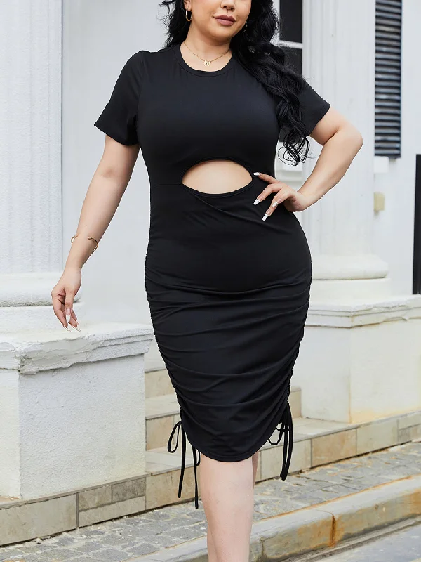 Plus size dresses with sleek lines look modern -Plus Size Cutout Ruched Round Neck Short Sleeve Dress