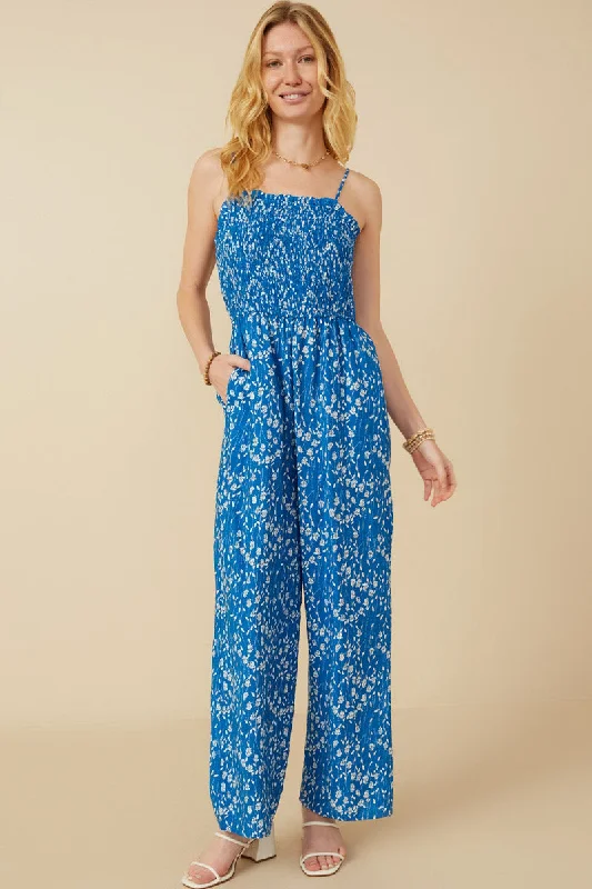 Plus size dresses for bold outfits match well -Ditsy Botanical Print Smocked Wide Leg Jumpsuit